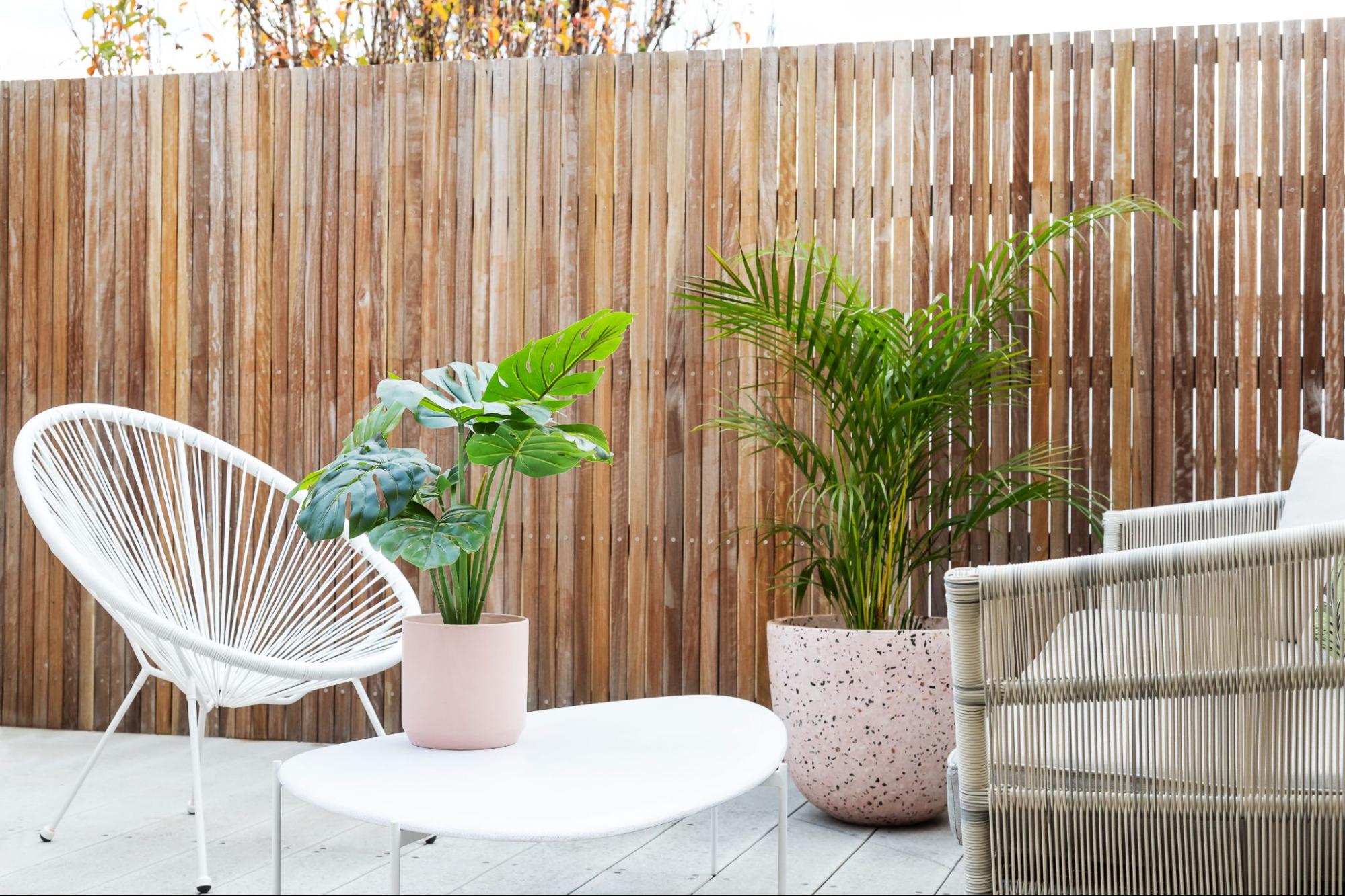 A serene outdoor space surrounded by a bamboo fence featuring a white steel chair, a rattan chair, and a table with a potted plant on it. A large potted plant is placed in front of the bamboo fence, enhancing the tranquil setting.