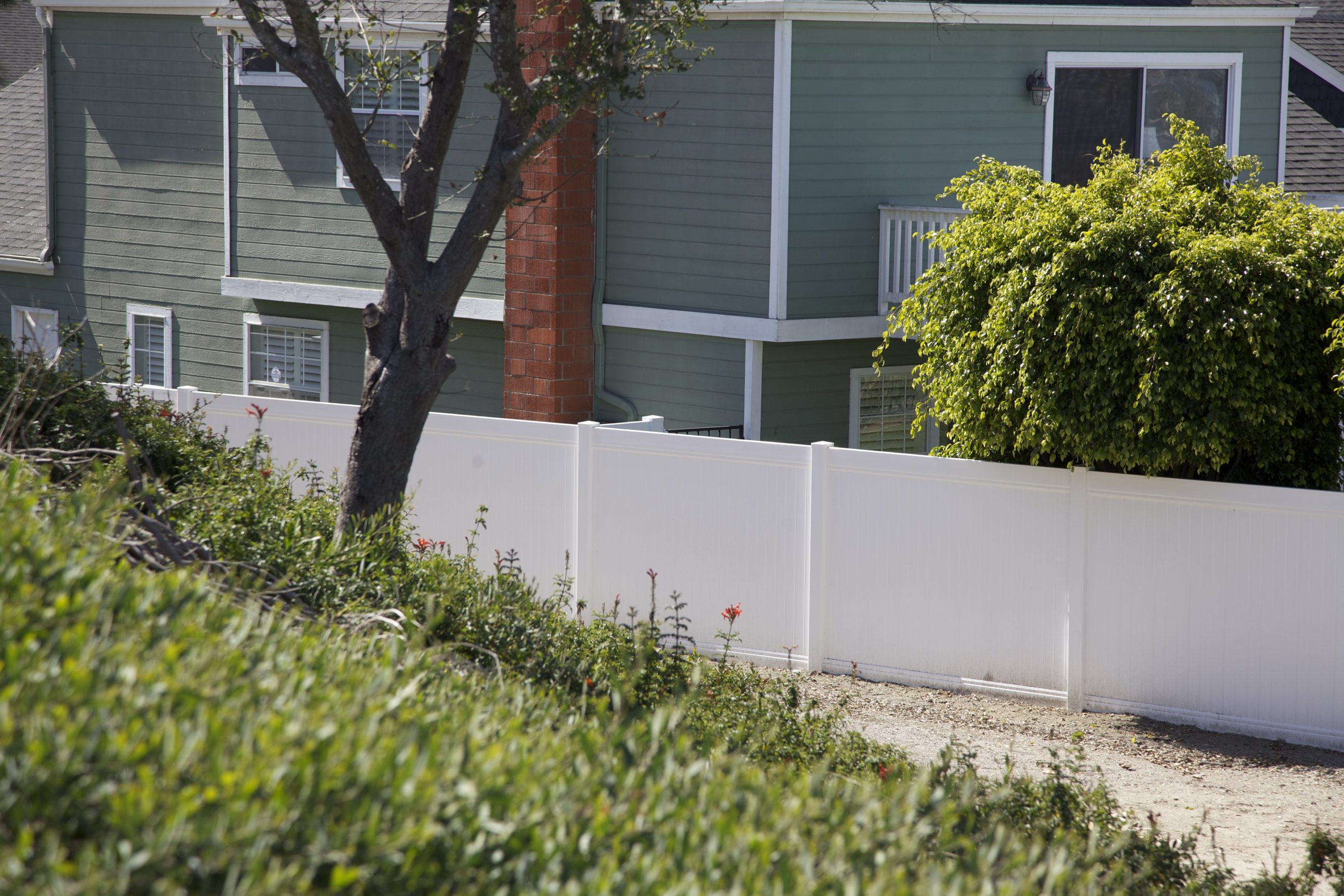 Vinyl fence enclosing house.