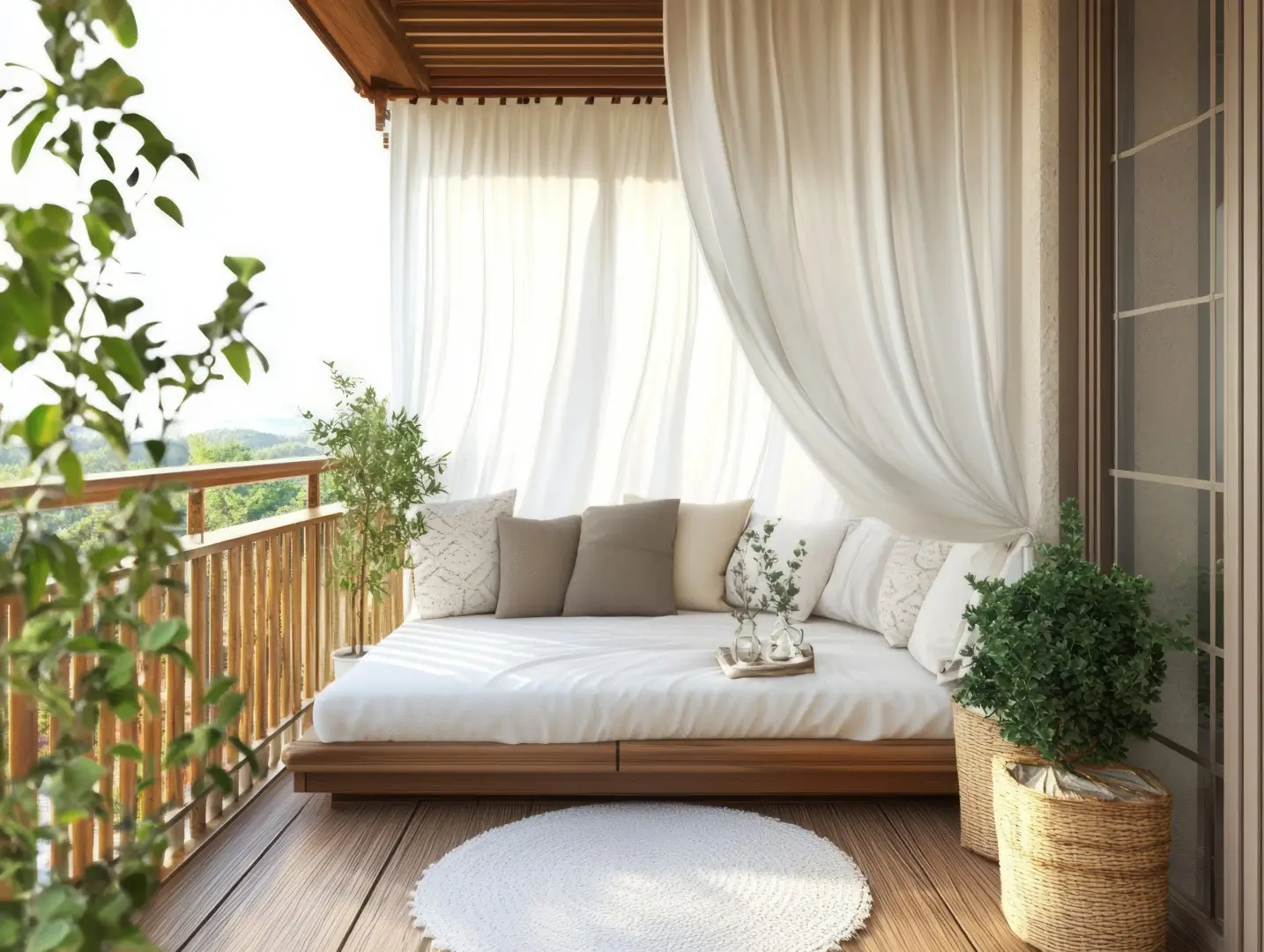 A luxurious and comfortable outdoor balcony relaxation area is depicted.