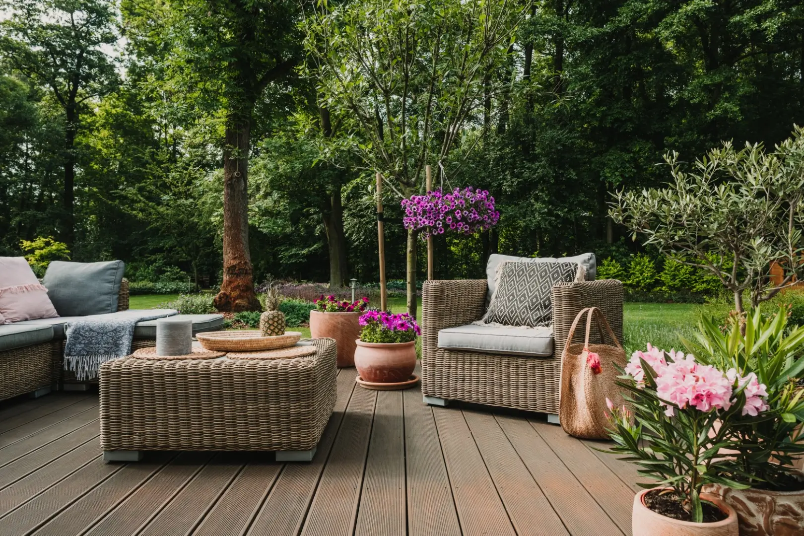 An outdoor deck with patio furniture.