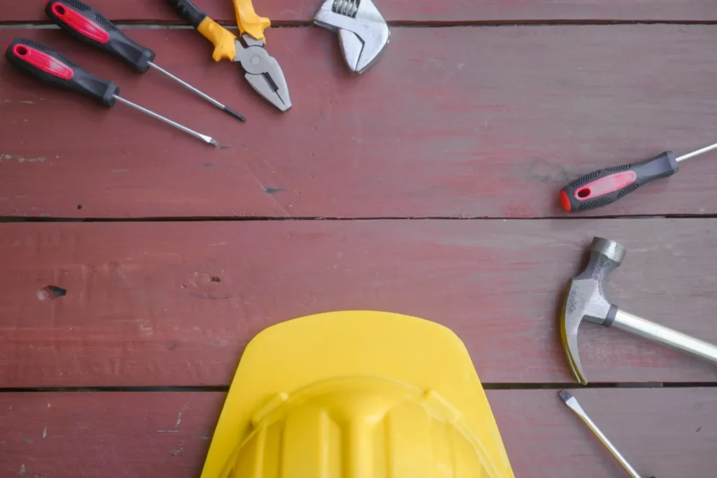 An overhead view of deck tools for construction.
