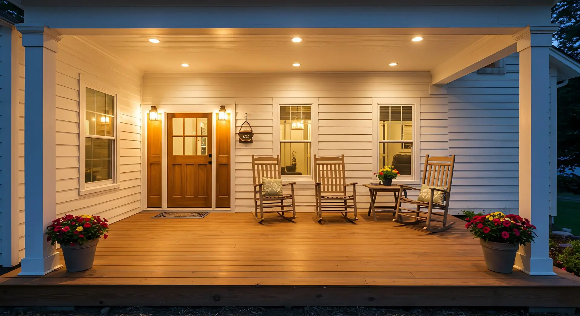 Front veranda porch of a modern farmhouse style home with rocking chairs table.