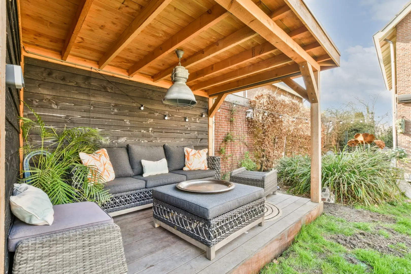 Neat patio with sitting area.