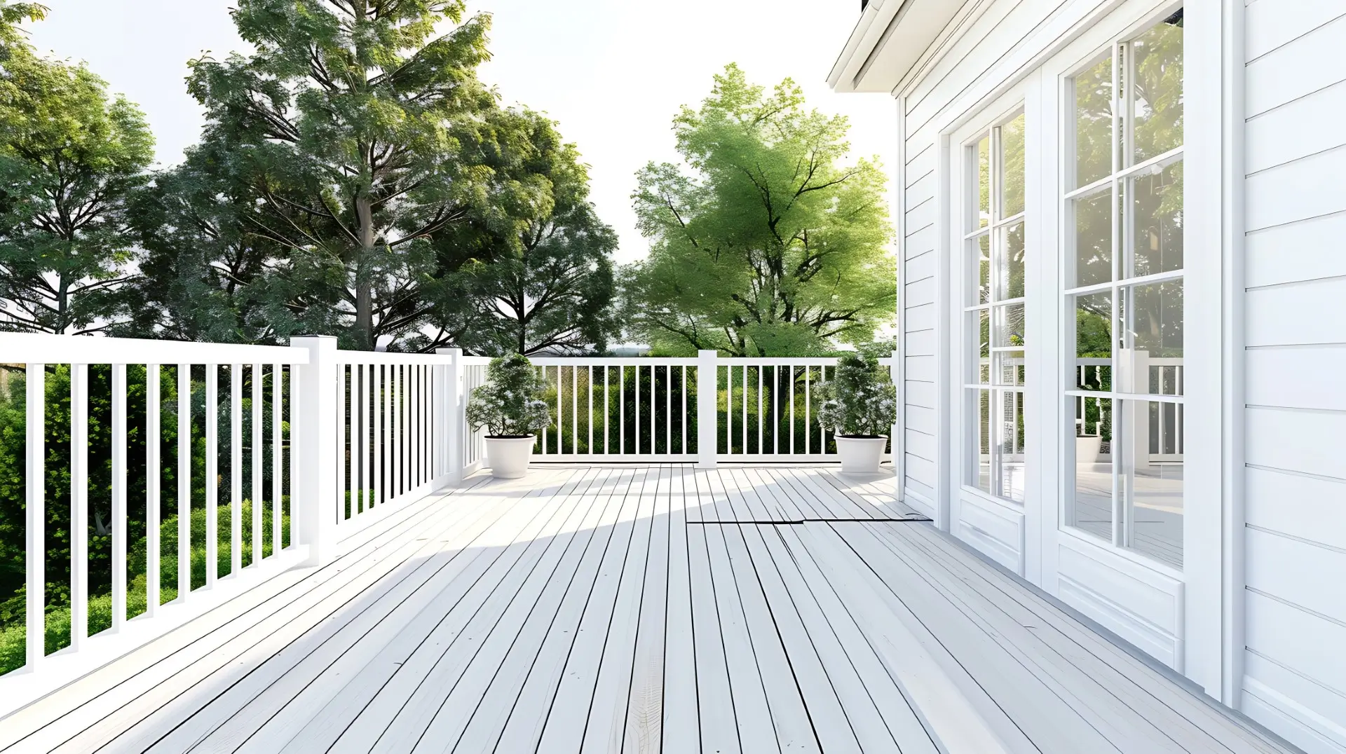 Vinyl deck railings next to glass doors.