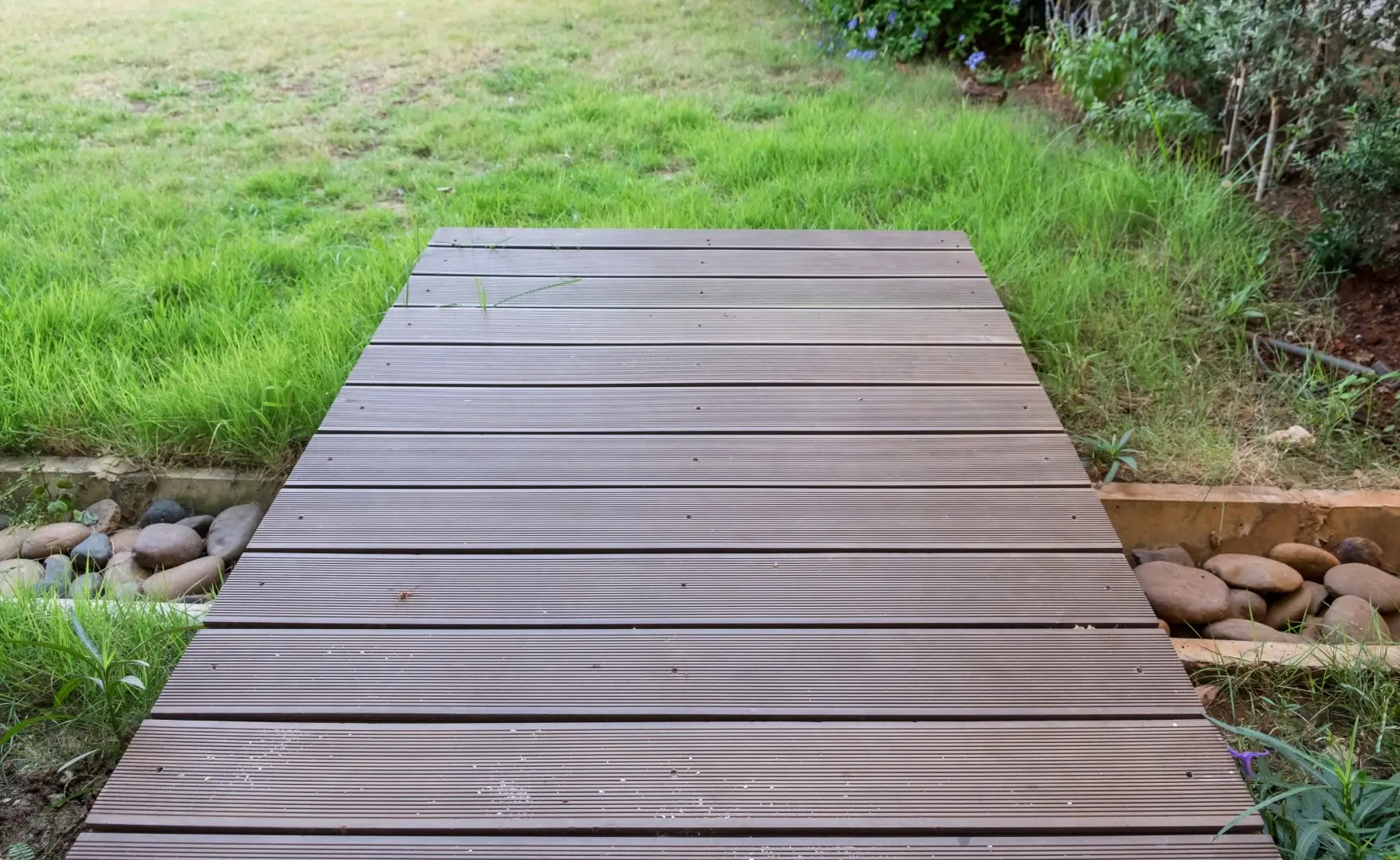 Wooden plank bridge walkway.