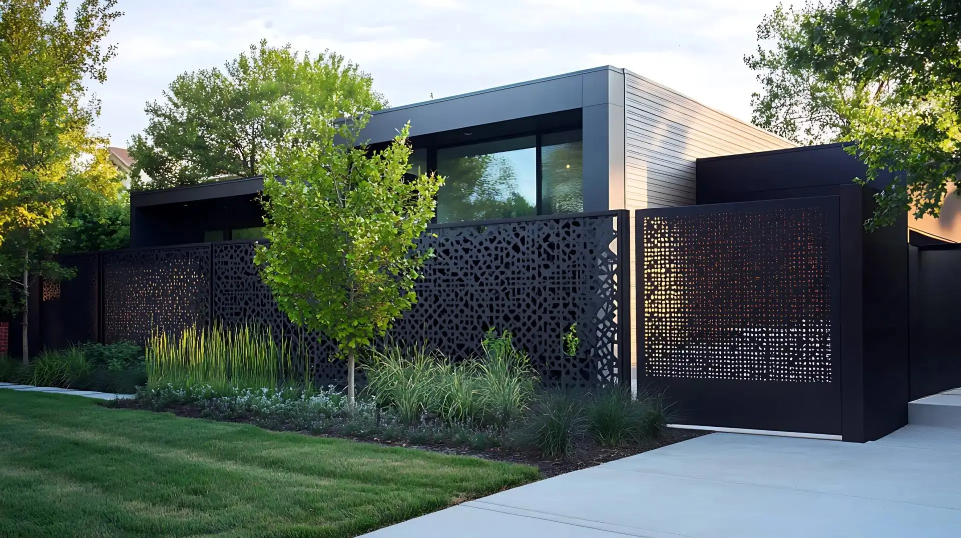 A modern minimalist exterior fence that incorporates clean lines and geometric patterns.