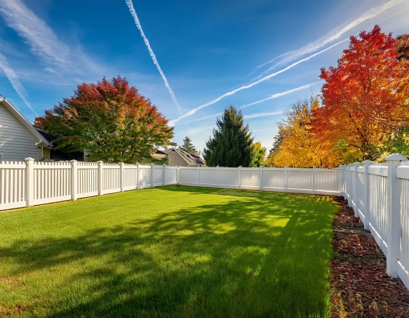A white vinyl fence encloses a backyard with a green lawn and colorful trees under a blue sky.