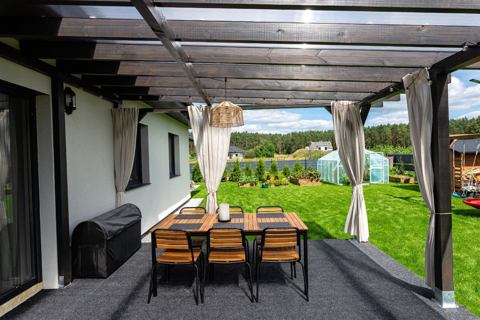 A patio with an extended covering.
